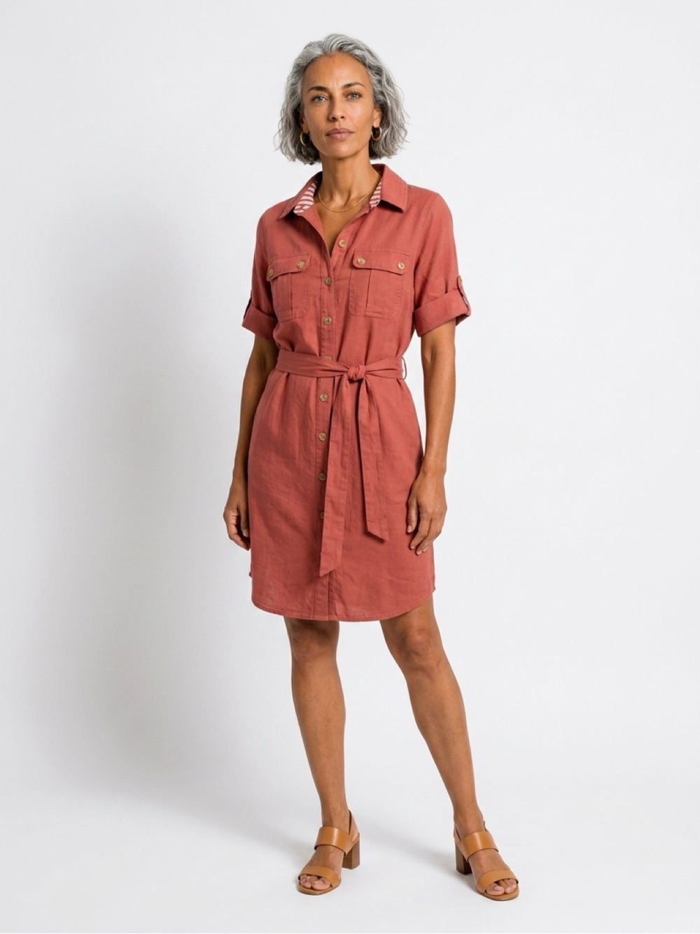 Soft Surroundings Rust Button-Front Shirt Midi Dress with Tie